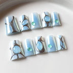 Futuristic Aurora Blue Press-On Nails with Silver Metallic Lines & Beads | Cyberpunk Iridescent Nails for Tech Party & Fashion Events