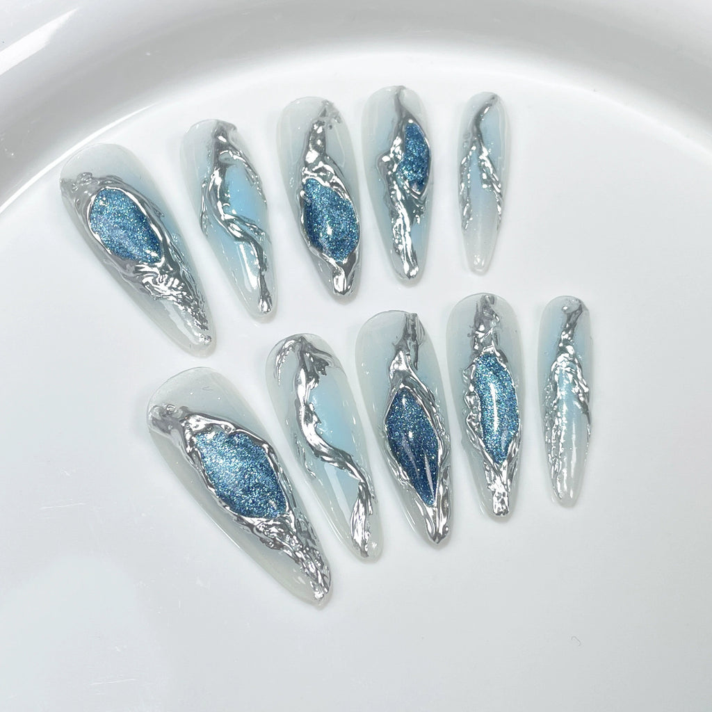 Light Blue and White Press-On Nails | Silver Metallic Dreamy Futuristic Nail Art with Blue Glitter | Wedding, Party & Photoshoot Nails