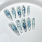 Light Blue and White Press-On Nails | Silver Metallic Dreamy Futuristic Nail Art with Blue Glitter | Wedding, Party & Photoshoot Nails