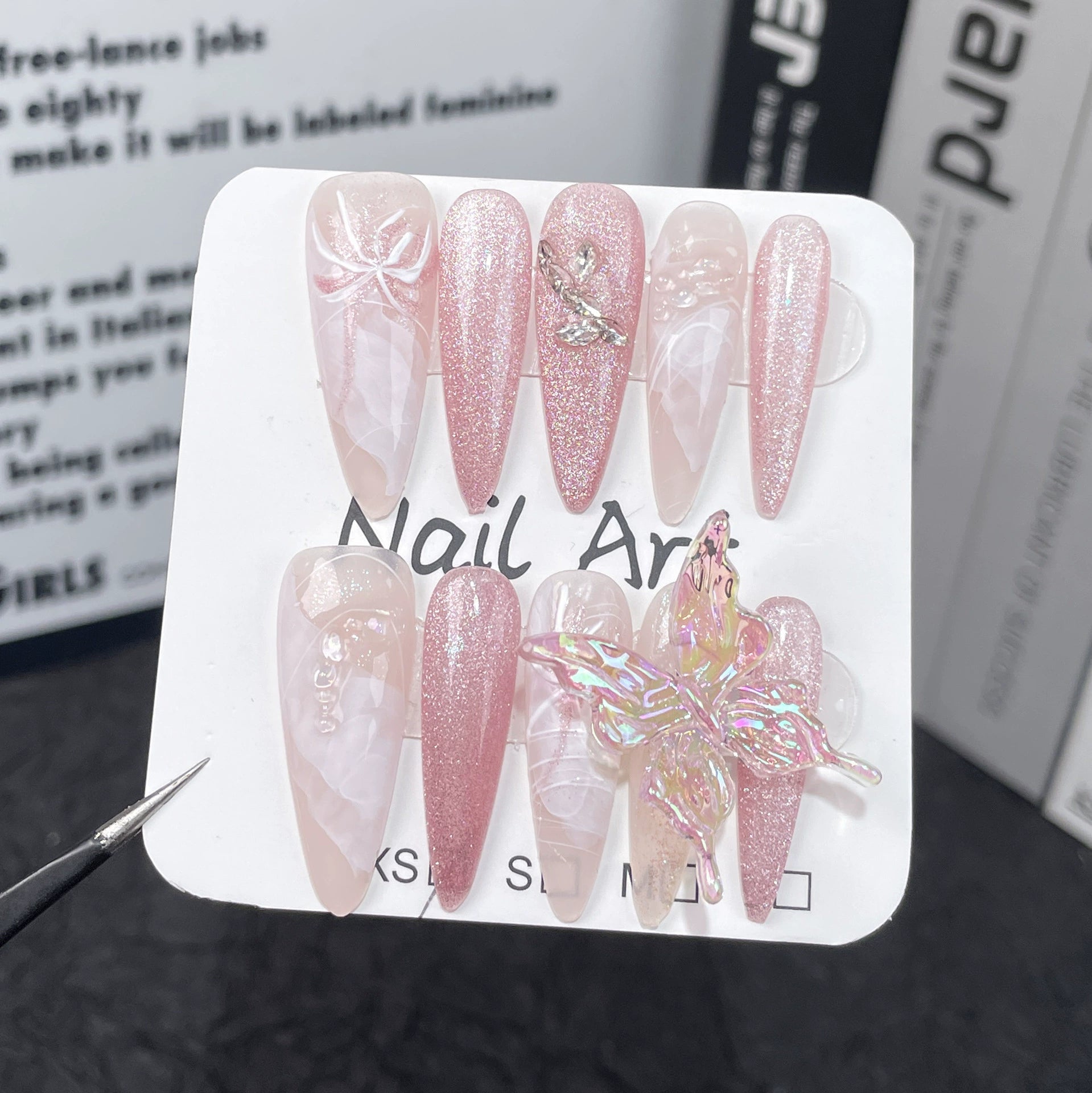 Nude Pink & Light Brown Nails with Diamonds & 3D Butterfly | Sweet Fairy Press-On Nail Art for Wedding, Tea Party & Spring Event