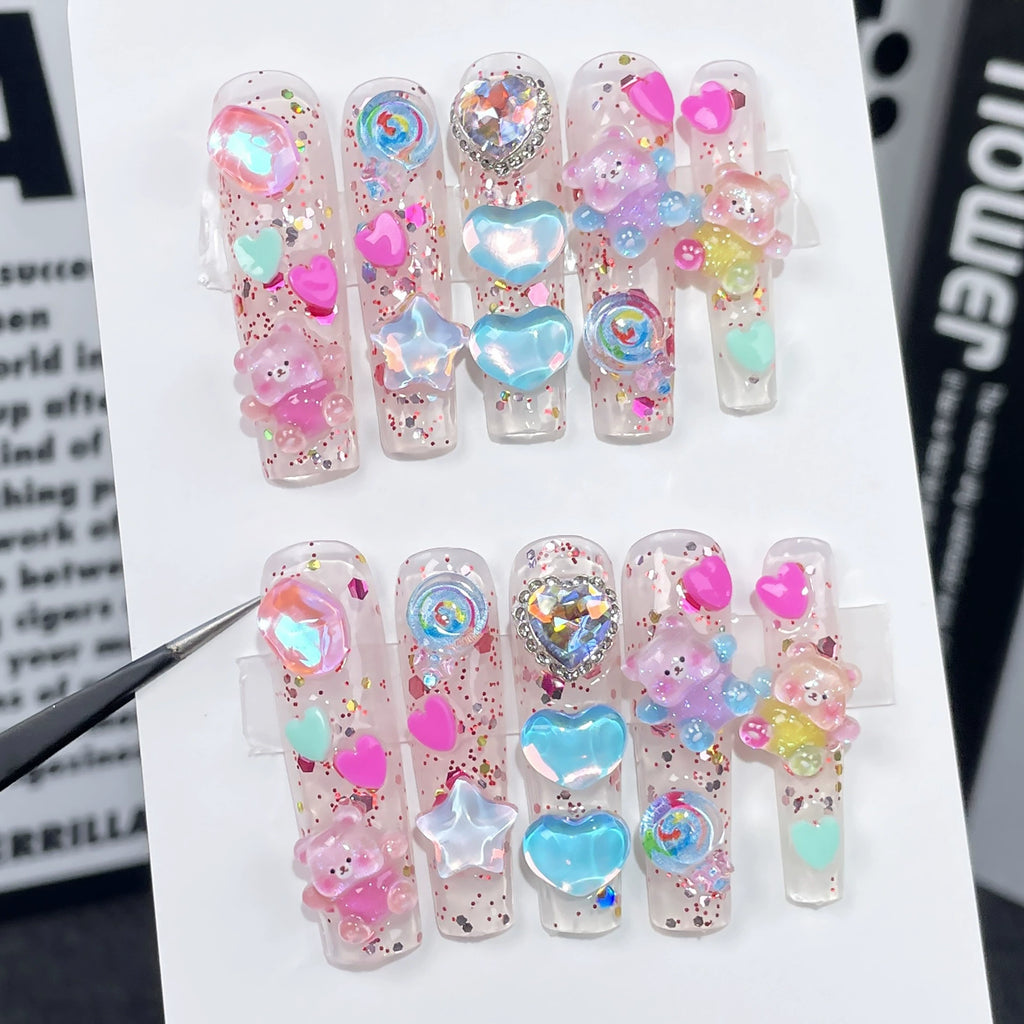 Transparent Candy & Rainbow Press-On Nails with 3D Bears, Hearts, Stars & Rhinestones | Sweet Playful Nail Art for Kids, Parties & Festivals