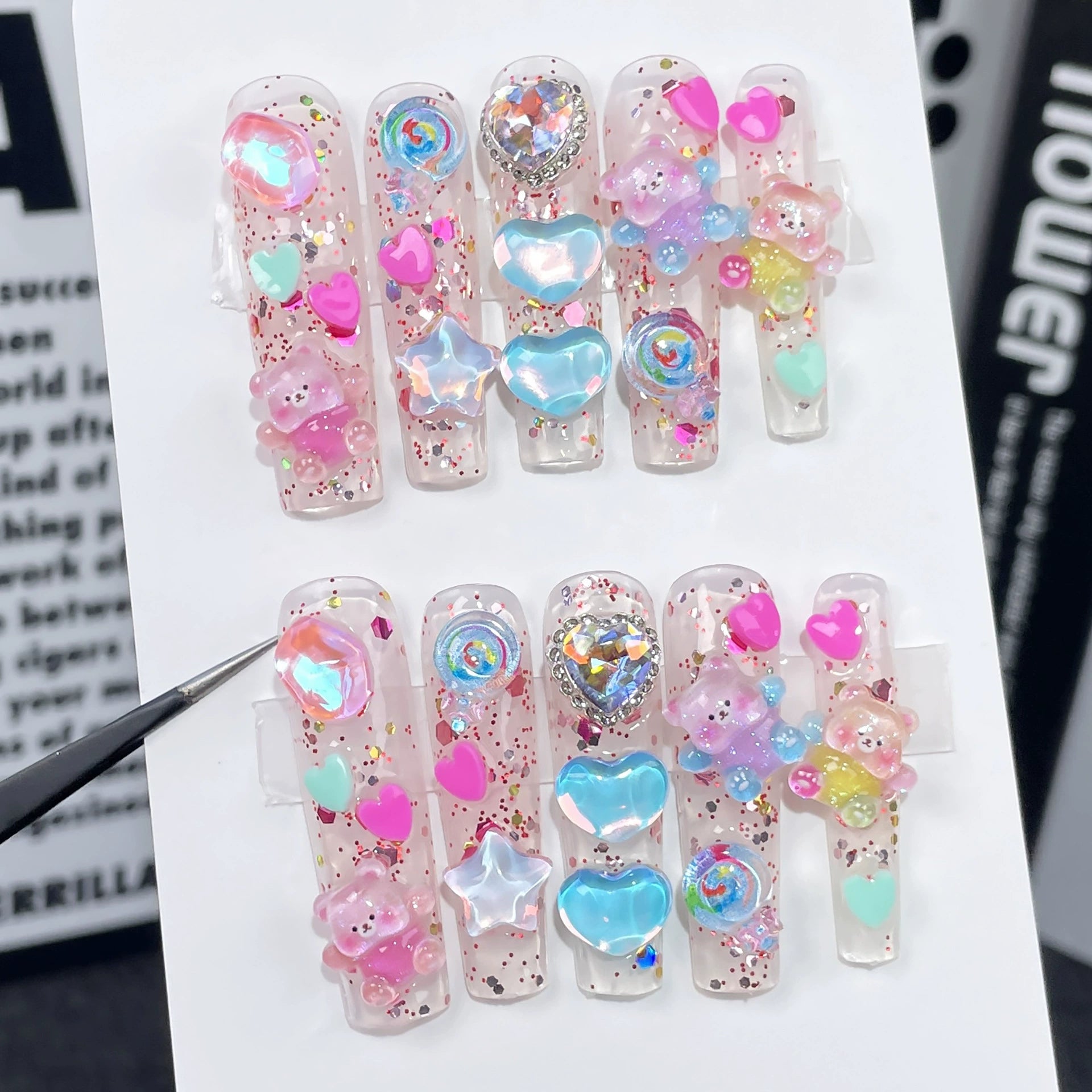 Transparent Candy & Rainbow Press-On Nails with 3D Bears, Hearts, Stars & Rhinestones | Sweet Playful Nail Art for Kids, Parties & Festivals