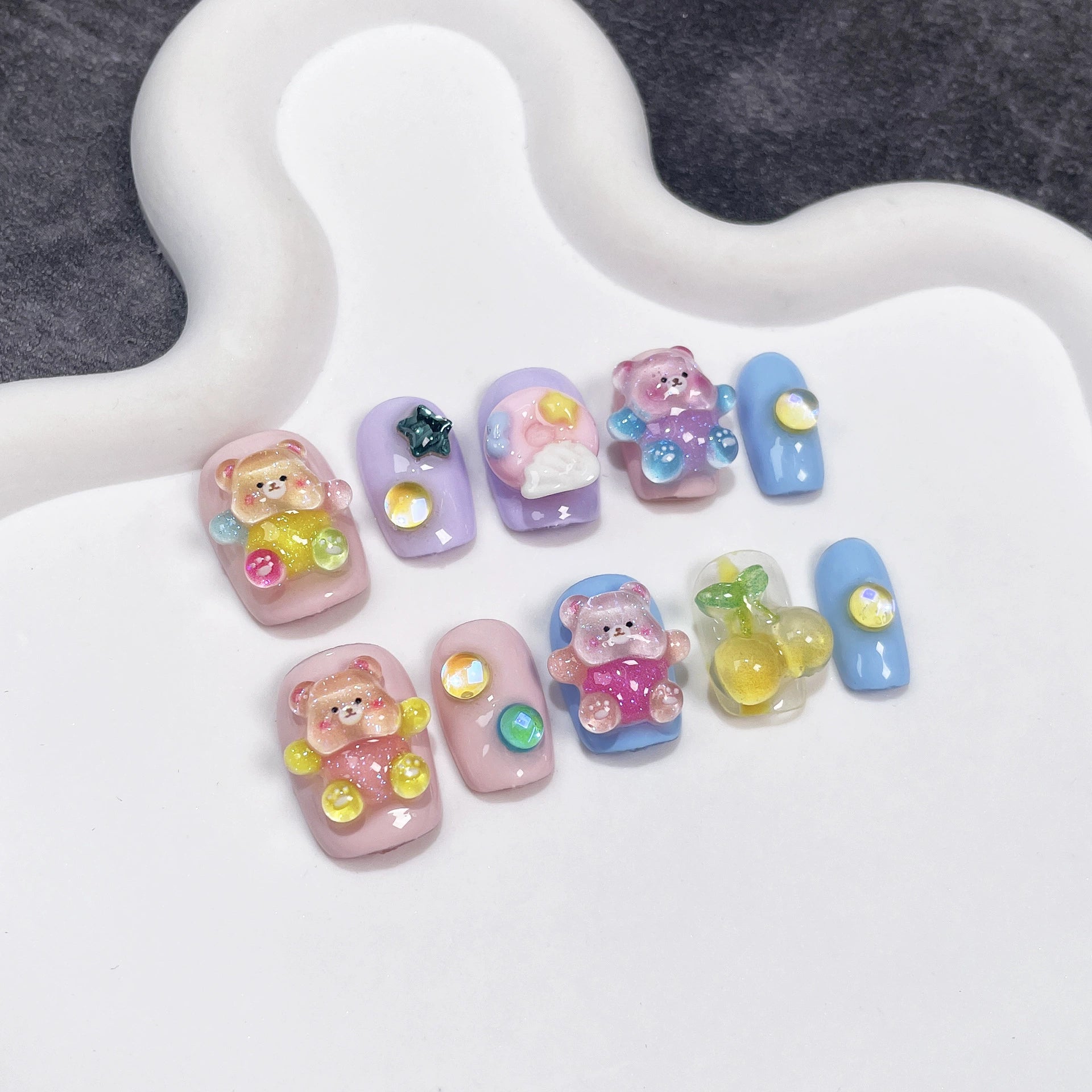Cute 3D Bear & Rainbow Bubble Press-On Nails | Pastel Star & Heart Nail Art | Children’s Day & Fun Party Nails