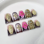 Vintage Sacred Glam Press-On Nails | 3D Religious Relief & Gold Cross Nail Art | Purple Nude Gradient Luxury Style