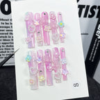 Pink Gradient Press-On Nails with 3D Bears, Flowers & Pearls | Cute Sweet Girl Nails for Birthday, Party & Anime Event