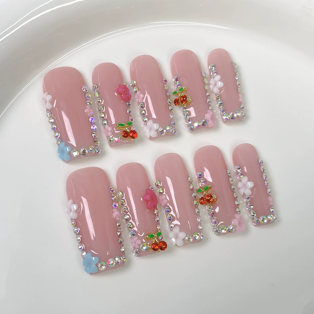 Sweet Cherry Blossom - Floral Press-On Nails | 3D Cute Nail Art for Date & Spring Outing | Pink Rhinestone Nails with Colorful Flowers & Cherry Accents