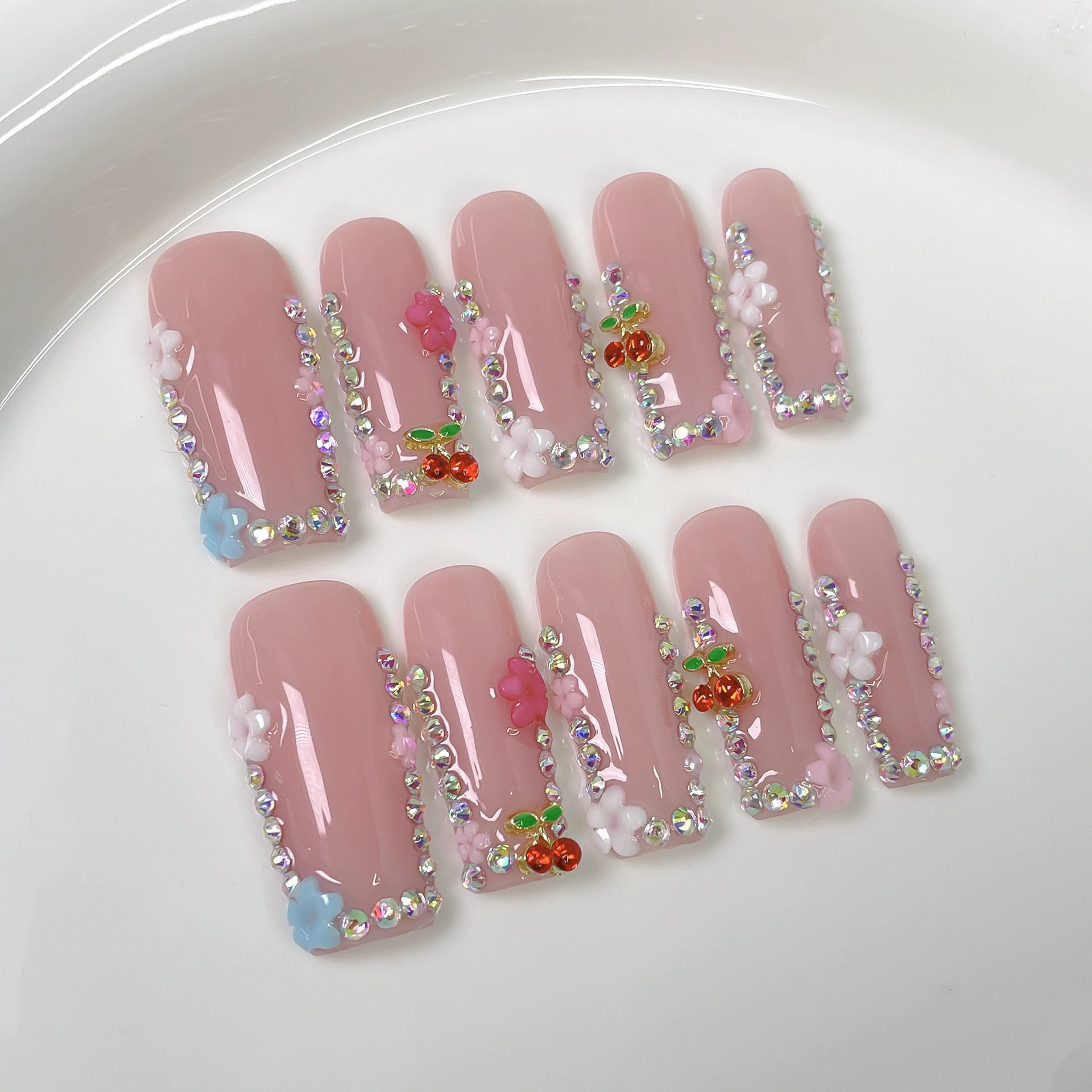 Sweet Cherry Blossom - Floral Press-On Nails | 3D Cute Nail Art for Date & Spring Outing | Pink Rhinestone Nails with Colorful Flowers & Cherry Accents