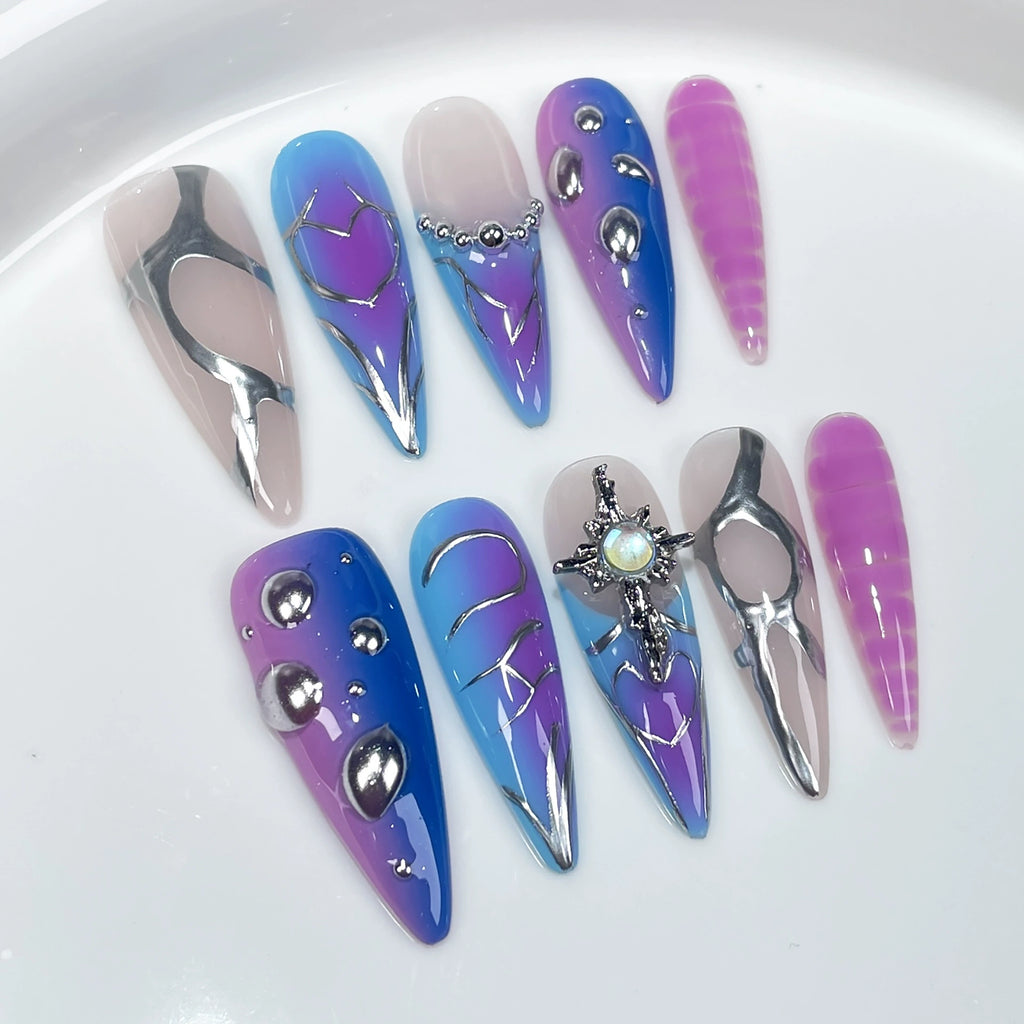 Pastel Gradient Press-On Nails with Iridescent Gems | Sweet Futuristic Nails with Silver Cross Charms | Party & Festival Nail Art