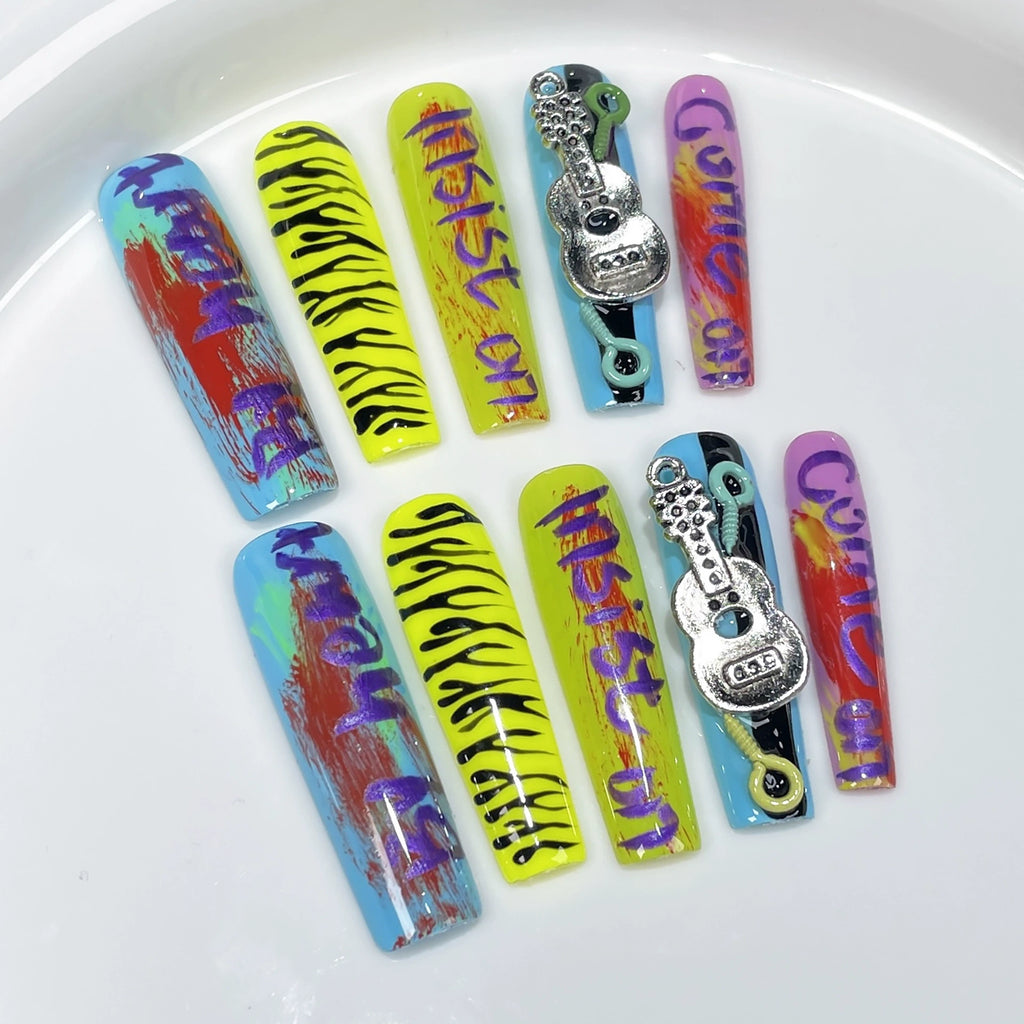 Colorful Graffiti Zebra Print Press-On Nails with Silver Guitar Charm | Rock & Street Style Nail Art for Music Festivals, Concerts & Parties