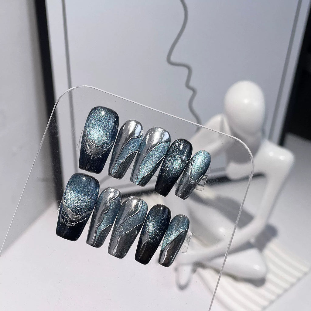 Blue & Black Gradient Press-On Nails | Silver Metallic Line & Glitter Accents | Futuristic Tech & Dark Style Nail Art