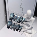 Blue & Black Gradient Press-On Nails | Silver Metallic Line & Glitter Accents | Futuristic Tech & Dark Style Nail Art