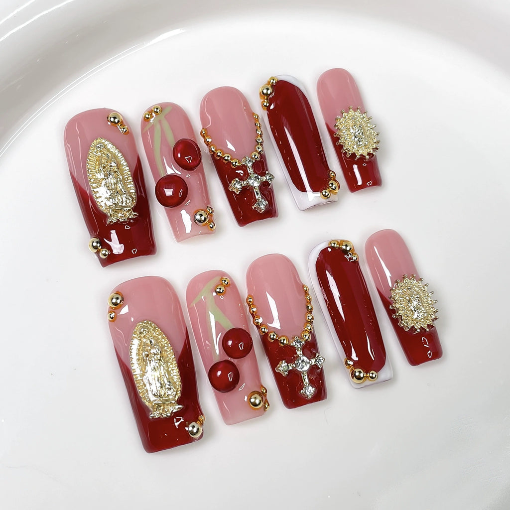 Red & Gold Cross 3D Press-On Nails | Luxury Baroque Religious Nail Art | Elegant Metallic Filigree and Beaded Details