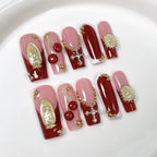 Red & Gold Cross 3D Press-On Nails | Luxury Baroque Religious Nail Art | Elegant Metallic Filigree and Beaded Details