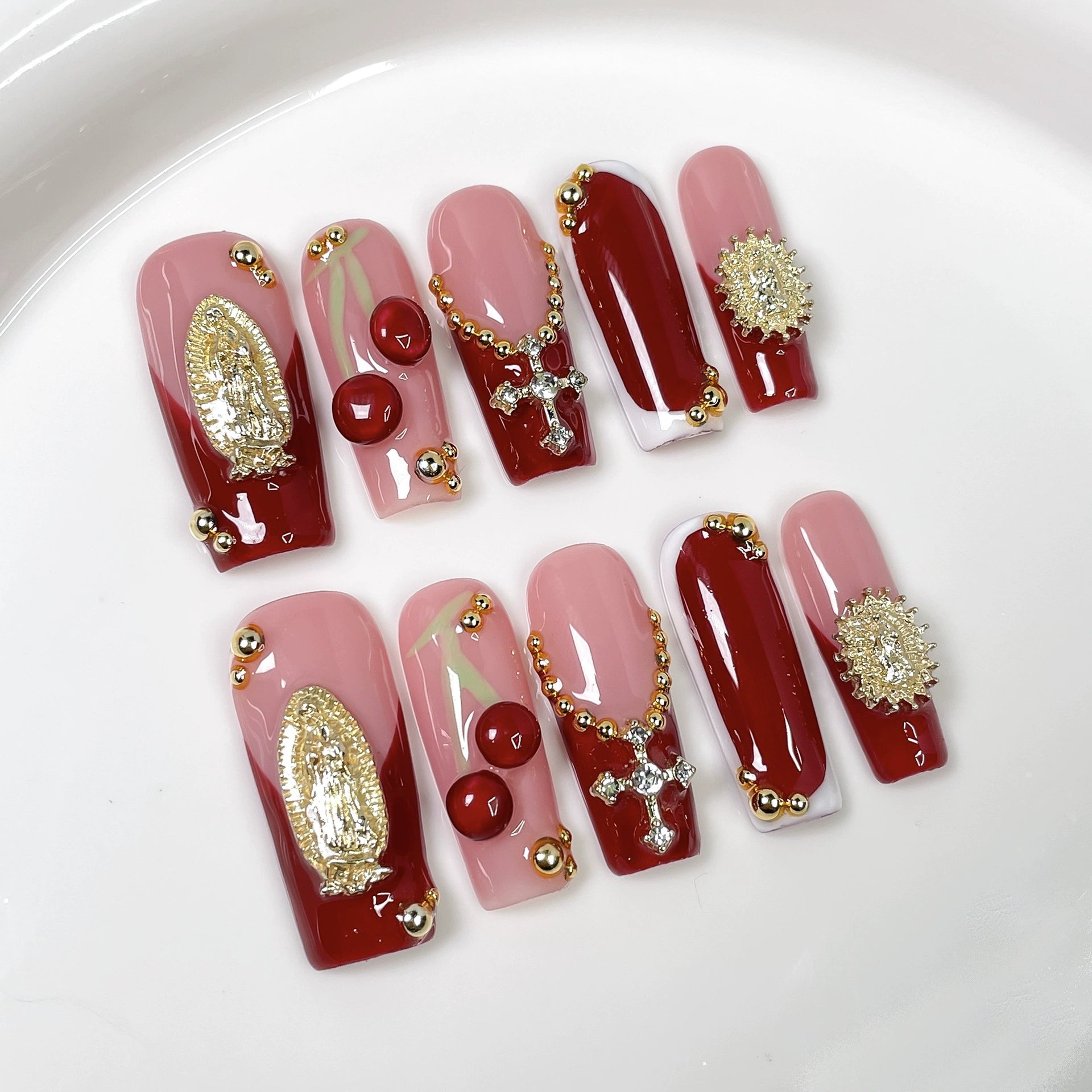 Red & Gold Cross 3D Press-On Nails | Luxury Baroque Religious Nail Art | Elegant Metallic Filigree and Beaded Details