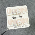 Beige French Tip Press-On Nails | 3D Flower Rhinestone Nail Art | Luxury Elegant Nails for Wedding & Party