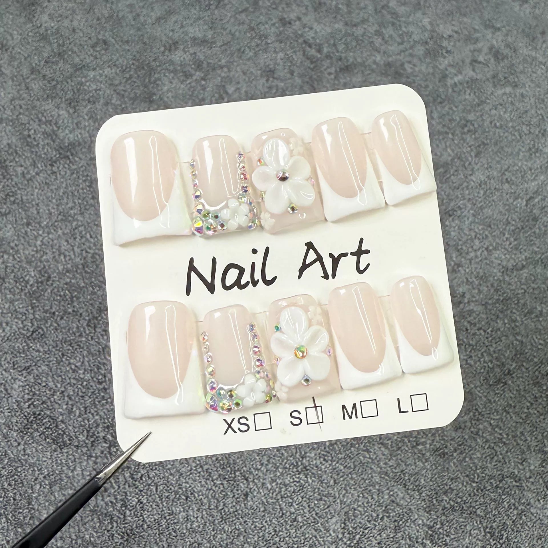 Beige French Tip Press-On Nails | 3D Flower Rhinestone Nail Art | Luxury Elegant Nails for Wedding & Party