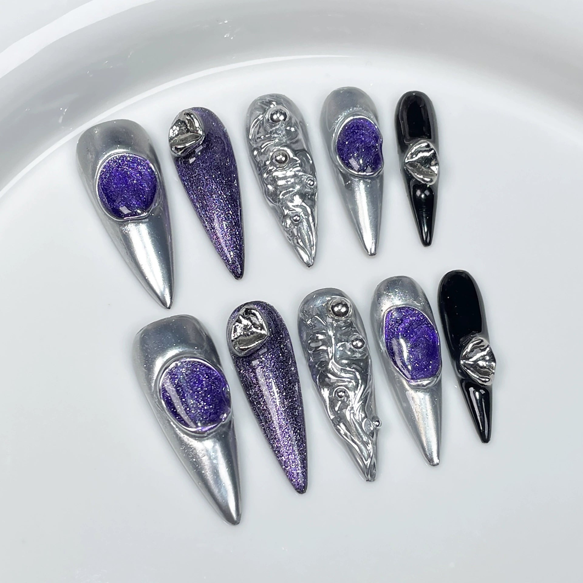 Silver, Purple & Black Futuristic Press-On Nails with Diamond Accents | Cyberpunk Tech-Inspired Nail Art for Fashion Shows, Music Festivals & Tech Events
