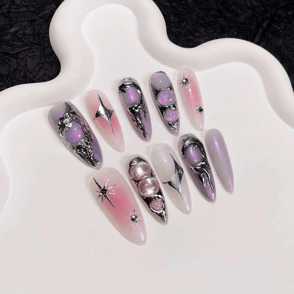 Pink Purple Gradient 3D Press-On Nails | Silver Metallic Accents | Futuristic Luxury Nails for Party, Fashion Show, Date