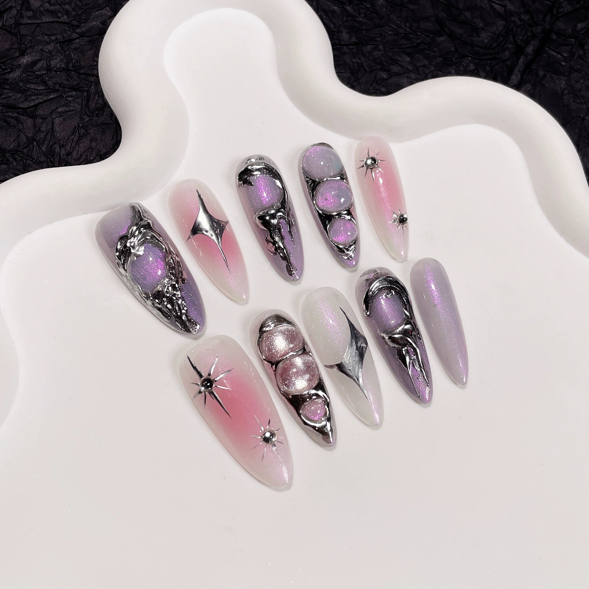 Pink Purple Gradient 3D Press-On Nails | Silver Metallic Accents | Futuristic Luxury Nails for Party, Fashion Show, Date