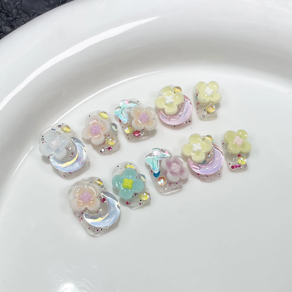 Spring 3D Flower Press-On Nails with Pearls & Glitter | Cute Pastel Garden Nail Art | Easter & Mother’s Day Party Nails