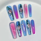 Blue Pink Purple Gradient Press-On Nails | Metallic Lines & Chains | Futuristic Cool & Sweet Nails for Party, Music Festival, Creative Work