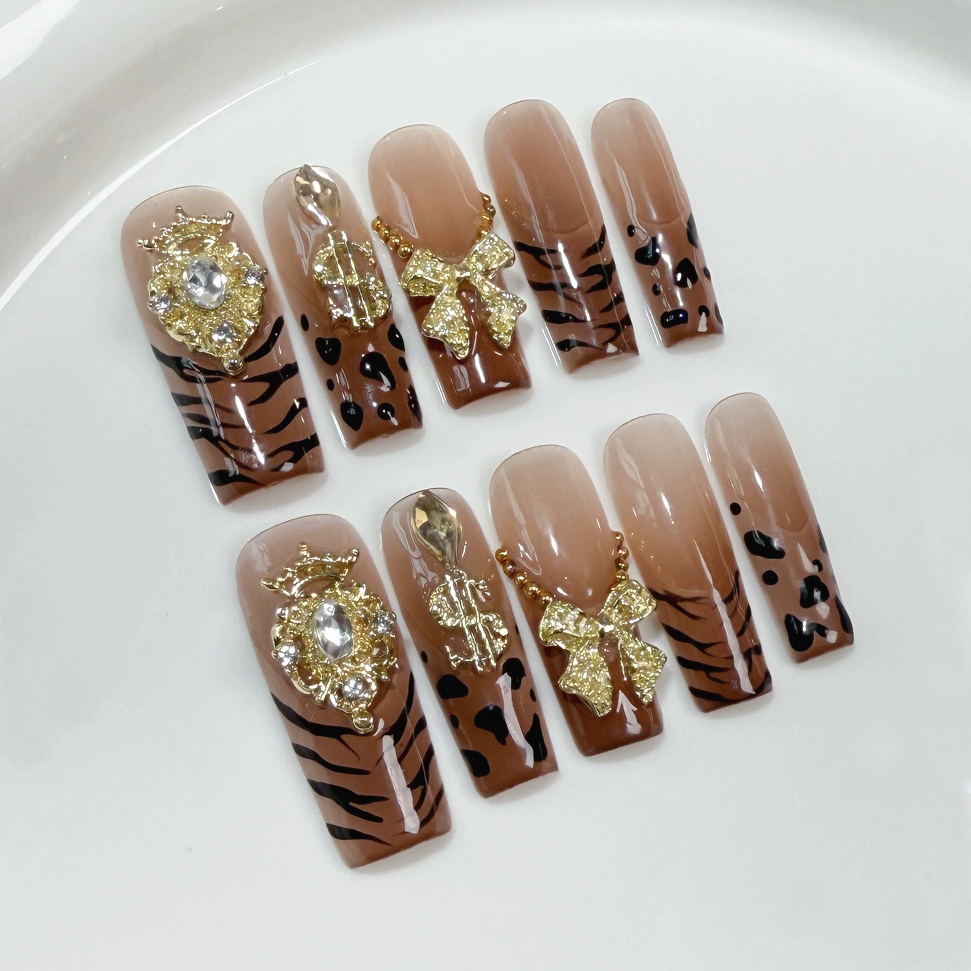 Wild Luxe Leopard - Crown Press-On Nails | 3D Animal Print Nail Art for Fashion Party & Club Night | Gold Dollar & Rhinestone Nails with Bow Accents