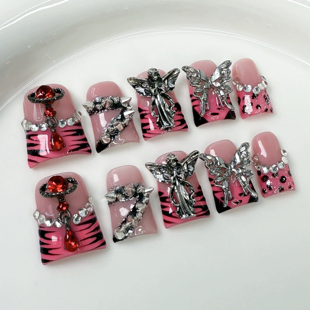 Punk Girl Pink Press-On Nails with Zebra & Leopard Print | Silver Angel, Butterfly & Red Gem Nail Art | Sweet Rock Glam Nails