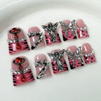 Punk Girl Pink Press-On Nails with Zebra & Leopard Print | Silver Angel, Butterfly & Red Gem Nail Art | Sweet Rock Glam Nails
