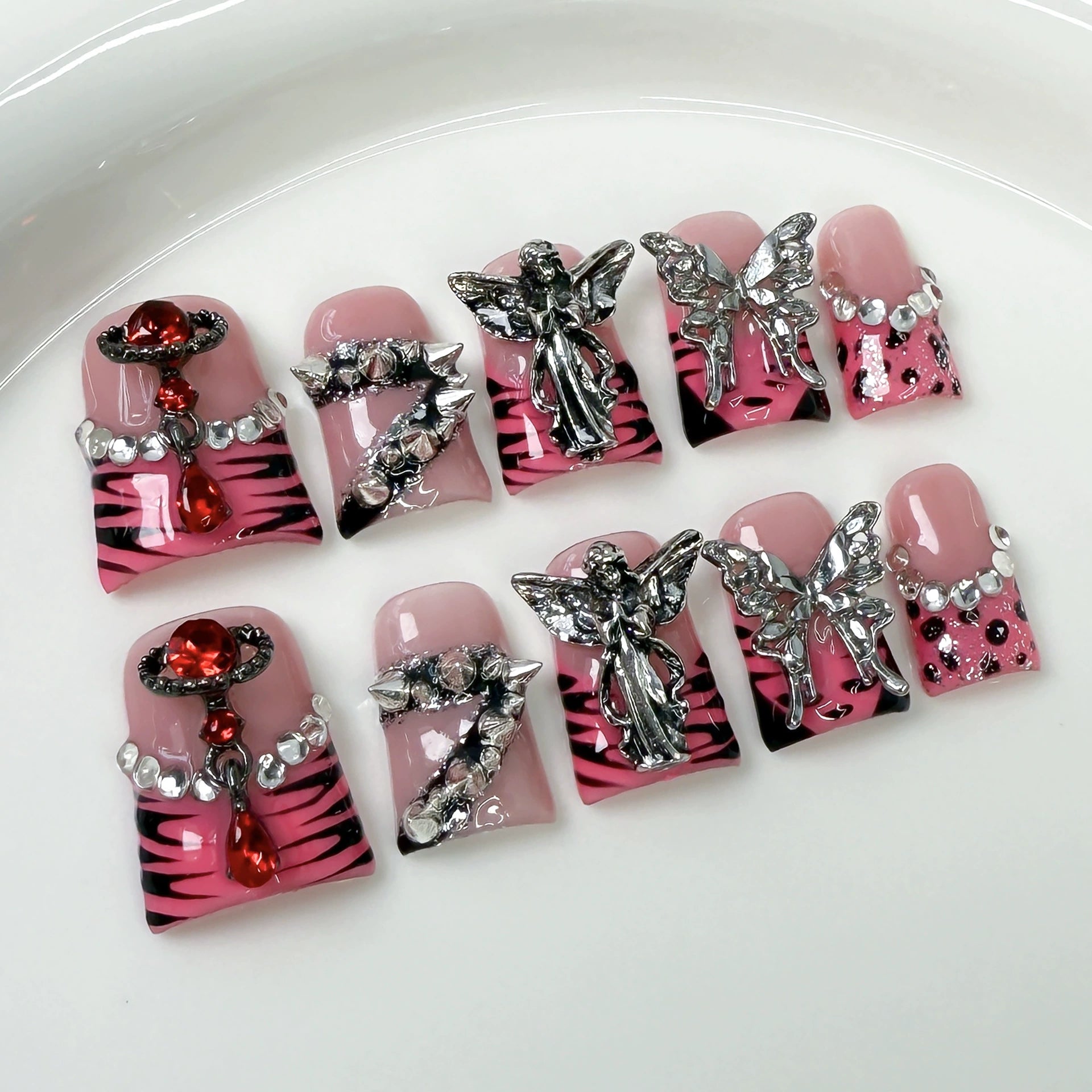 Punk Girl Pink Press-On Nails with Zebra & Leopard Print | Silver Angel, Butterfly & Red Gem Nail Art | Sweet Rock Glam Nails