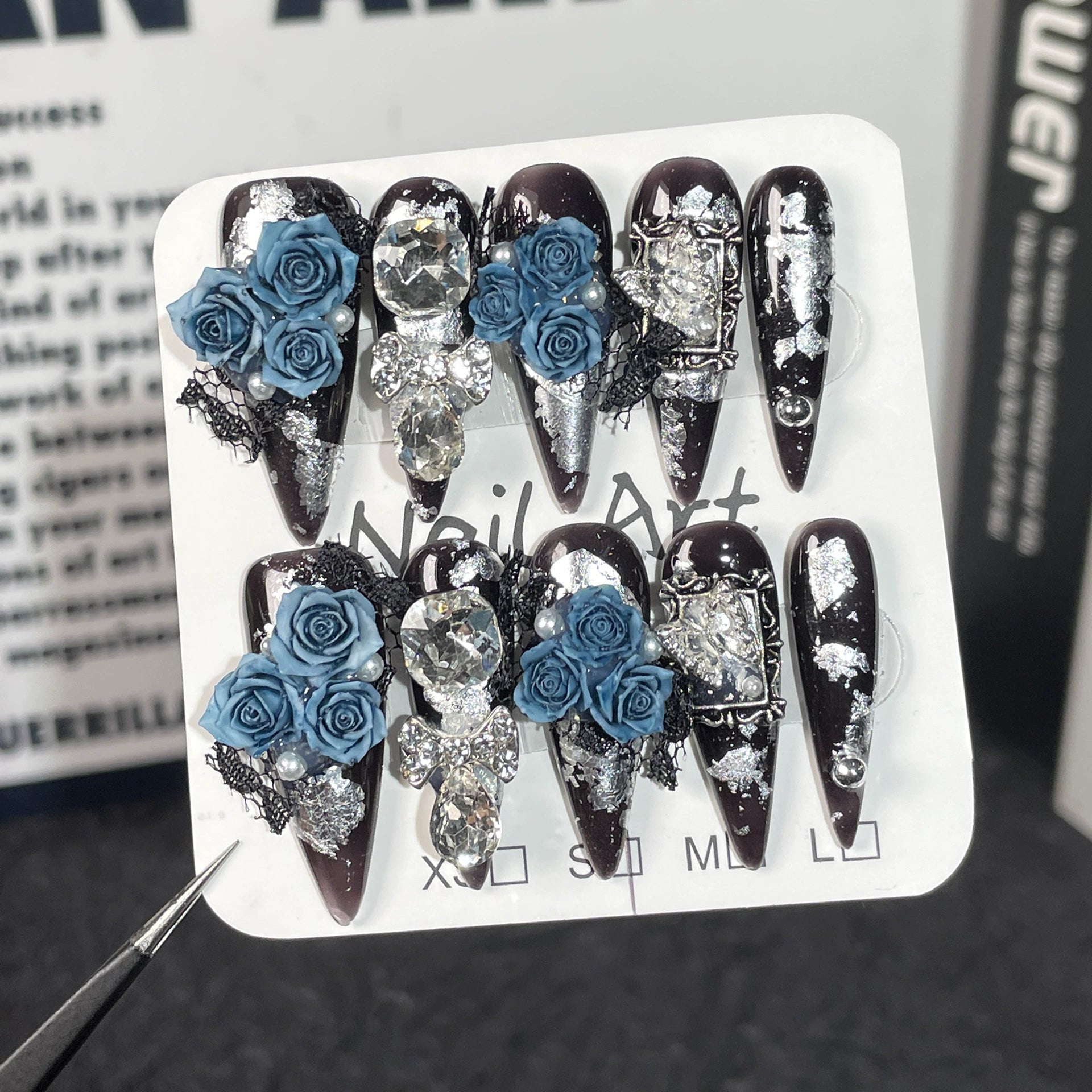 Gothic Black Press-On Nails with Blue Roses, Lace & Rhinestone Details | Dark Elegant 3D Nail Art for Halloween, Gothic Party & Fashion Show