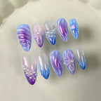 Fairy Dream - Iridescent Gradient Press-On Nails with 3D Flowers, Pearls & Droplet Accents | Ethereal Nail Art for Party, Photoshoot & Wedding