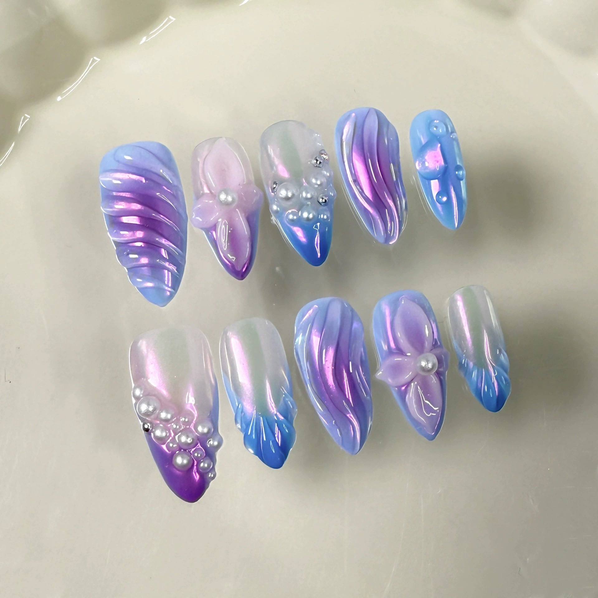 Fairy Dream - Iridescent Gradient Press-On Nails with 3D Flowers, Pearls & Droplet Accents | Ethereal Nail Art for Party, Photoshoot & Wedding