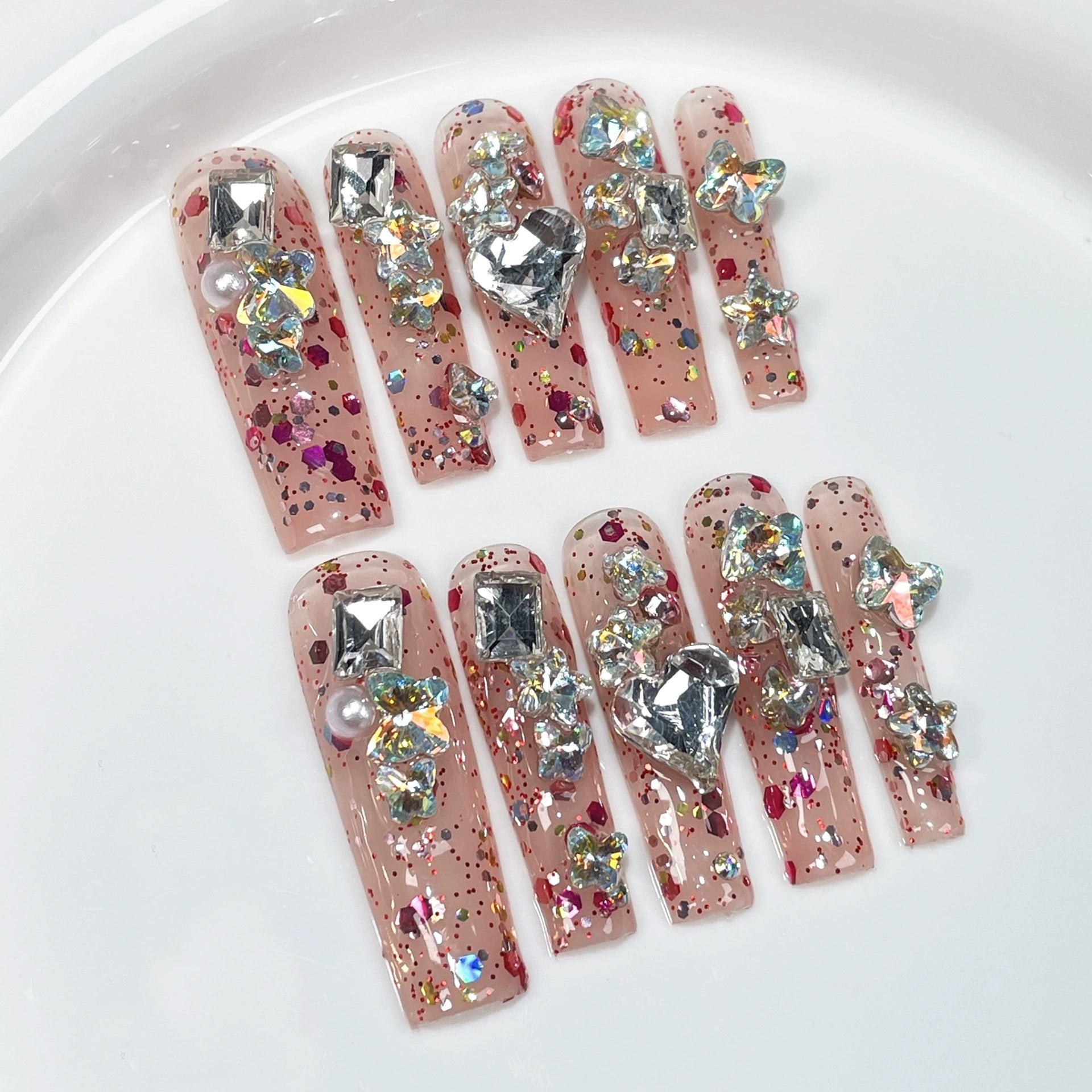 Pastel Pink Princess Press-On Nails with Multicolor Glitter, Rhinestones & Pearls | Sweet Glam Nail Art for Balls, Parties & Weddings