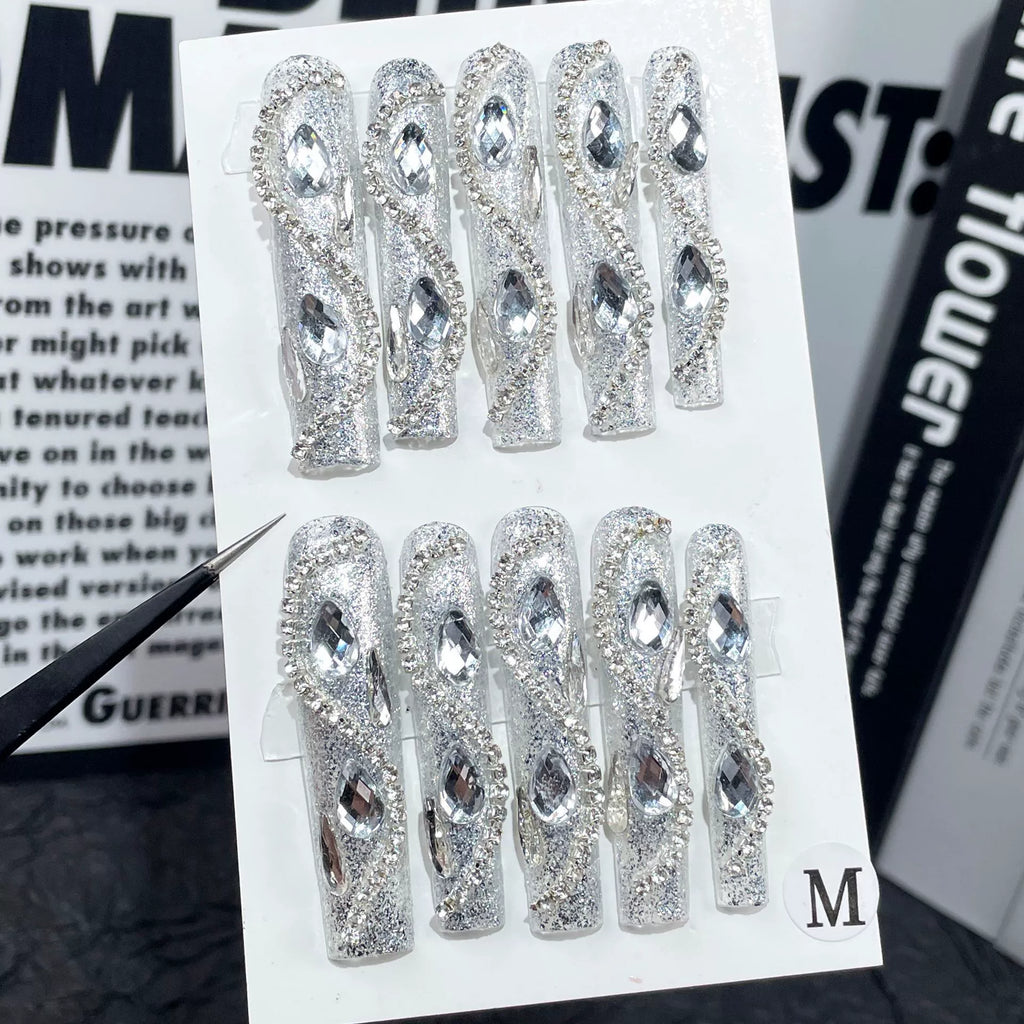 Silver Glitter Press-On Nails | Rhinestone & Gem Crystal Nails for Gala, Red Carpet & Party
