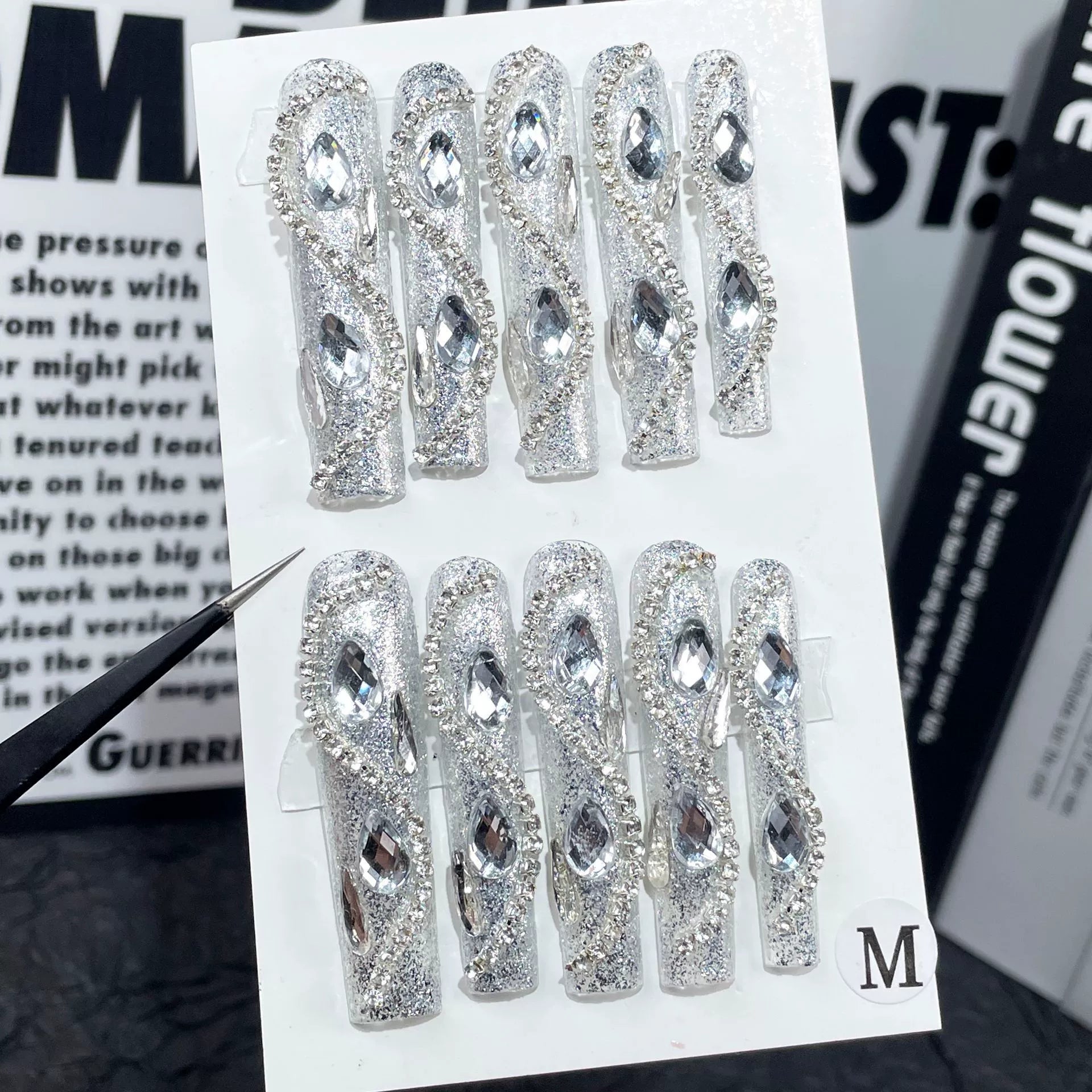 Silver Glitter Press-On Nails | Rhinestone & Gem Crystal Nails for Gala, Red Carpet & Party
