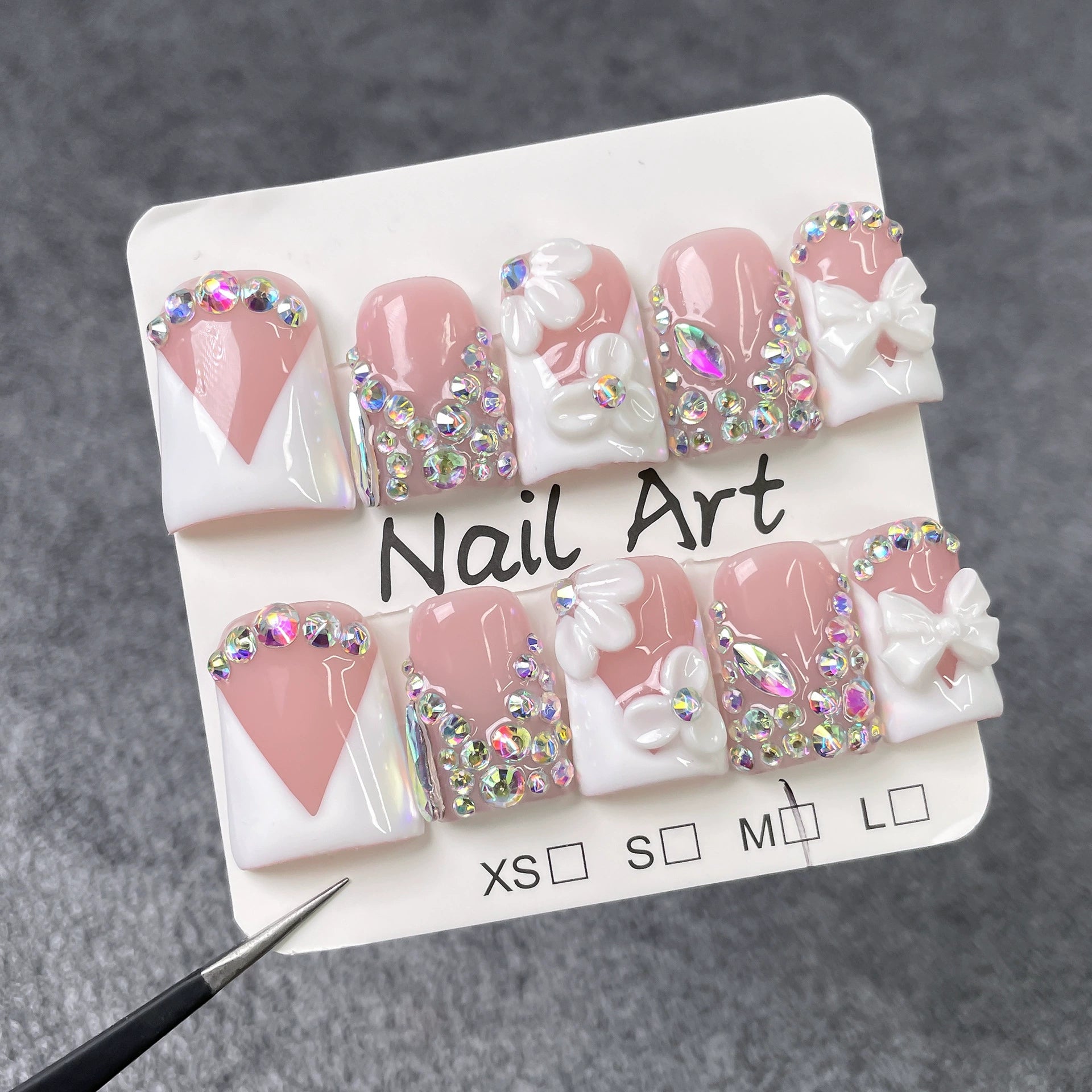 Elegant Princess Nude Pink & White Nails | 3D Flower & Bow Press-On Nails with Rhinestones & Geometric Design | Wedding, Valentine’s Day, Christmas Nail Art