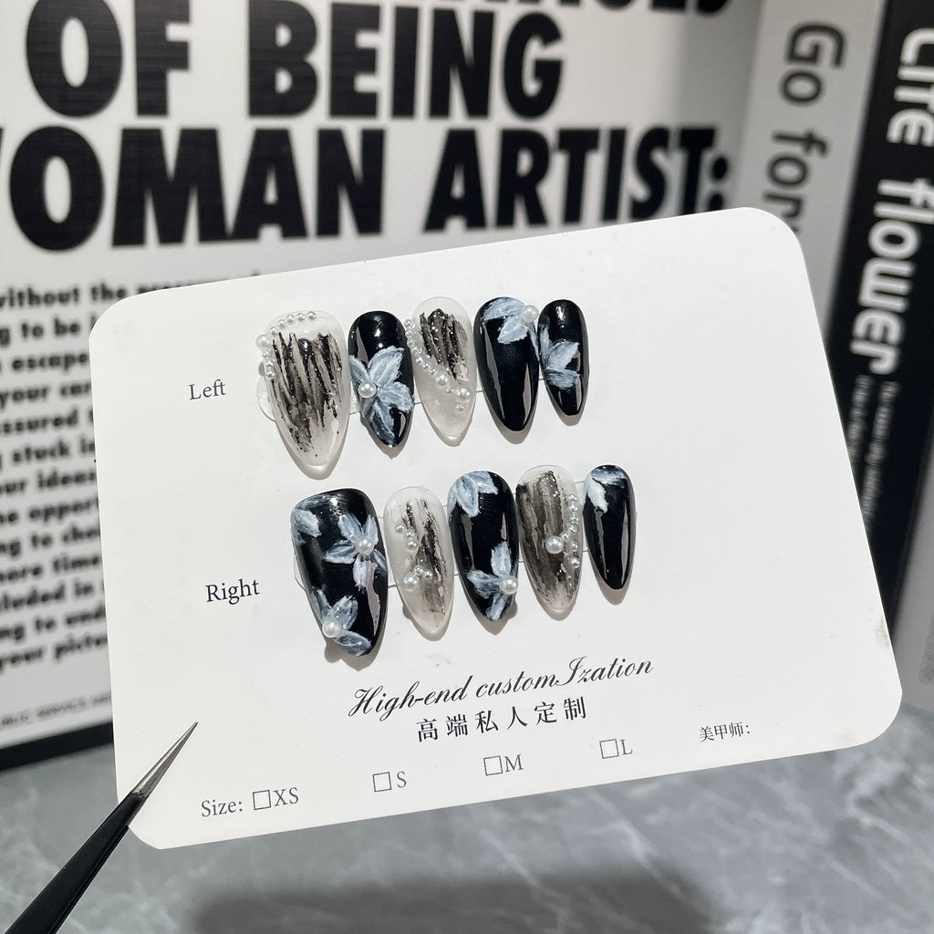 Elegant Ink Wash Press-On Nails - Black, White & Gray-Blue with Hand-Painted Flowers & Pearl Accents | Sophisticated Artistic Nail Design for Work & Art Events
