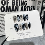 Elegant Ink Wash Press-On Nails - Black, White & Gray-Blue with Hand-Painted Flowers & Pearl Accents | Sophisticated Artistic Nail Design for Work & Art Events