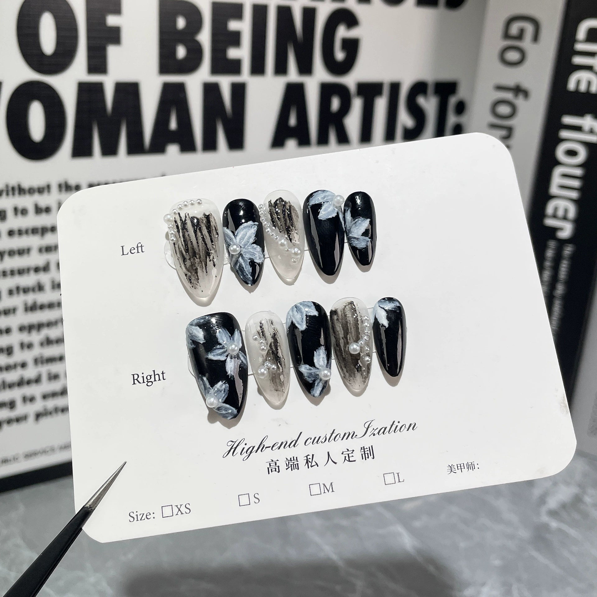 Elegant Ink Wash Press-On Nails - Black, White & Gray-Blue with Hand-Painted Flowers & Pearl Accents | Sophisticated Artistic Nail Design for Work & Art Events