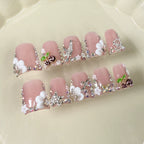 Luxury Pink Cloud Press-On Nails | 3D Cherry & Crystal Nail Art with Silver Bird, Star & Cross Charms | Elegant Glam Nails for Party & Valentine’s Day