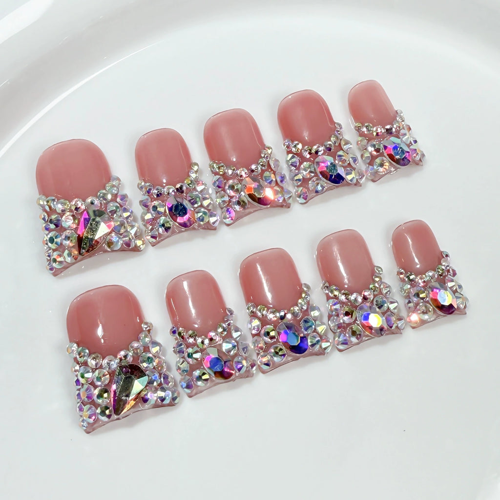 Pink Crystal Press-On Nails | 3D Rhinestone Luxury Nail Design | Sparkly Glam Nails for Party & Date