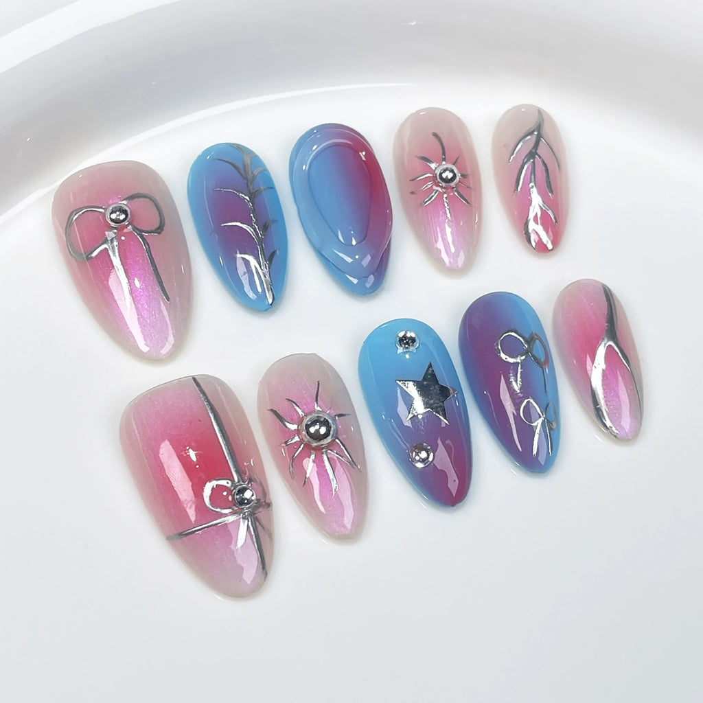Dreamy Metal Chic - Gradient Press-On Nails | Silver Line Nail Art for Music Festival & Street Style | Pink Blue Purple Nails with Bow & Star Accents