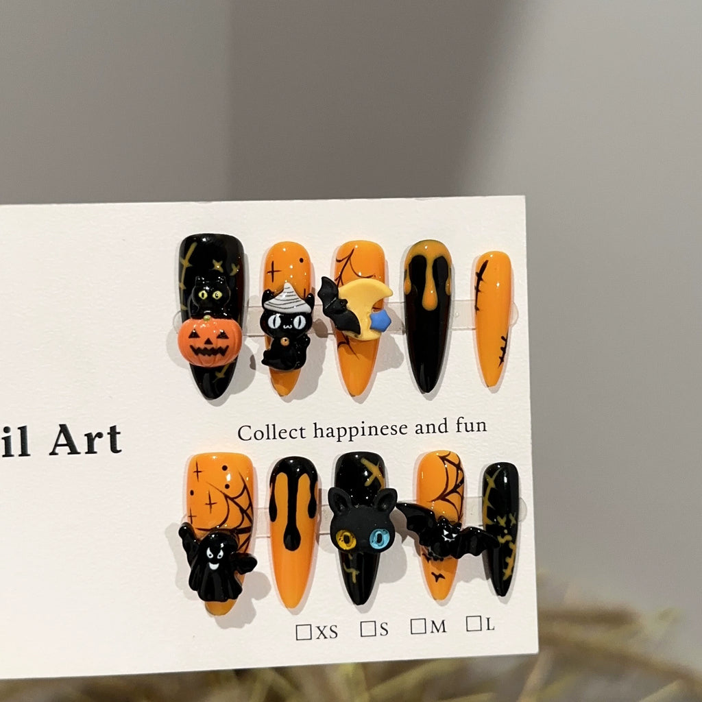 Halloween 3D Press-On Nails | Spooky Pumpkin, Black Cat, Bat & Ghost Nail Art | Spider Web & Melting Effect Party Nails