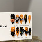 Halloween 3D Press-On Nails | Spooky Pumpkin, Black Cat, Bat & Ghost Nail Art | Spider Web & Melting Effect Party Nails