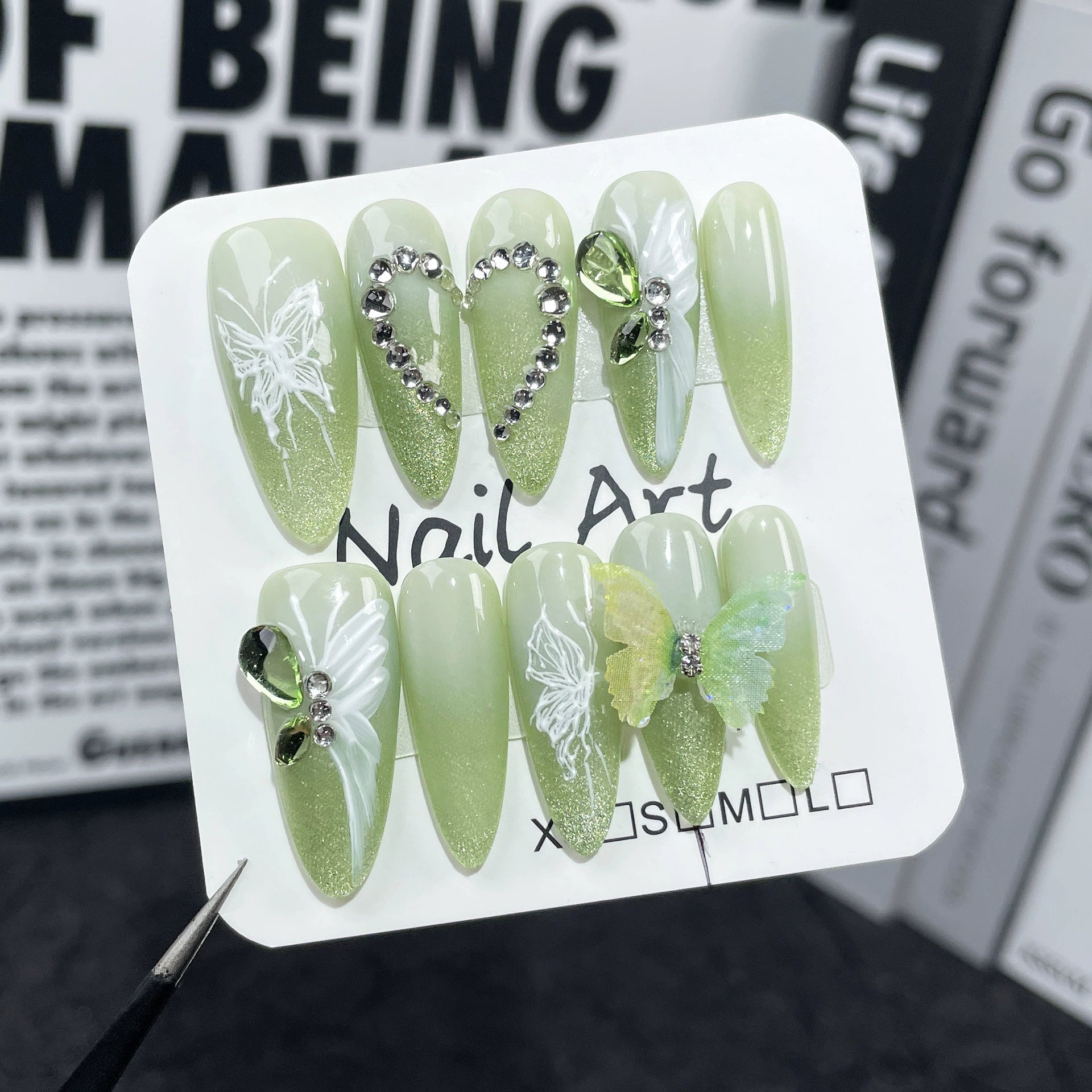 Green Gradient 3D Press-On Nails | Butterfly & Gem Accents | Elegant Forest Nails for Spring, Wedding, Art Gatherings