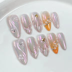 Iridescent Pink and Orange Press-On Nails | Aurora Fairy Nails with Pearls & Gold Stars | Dreamy Romantic Nail Design