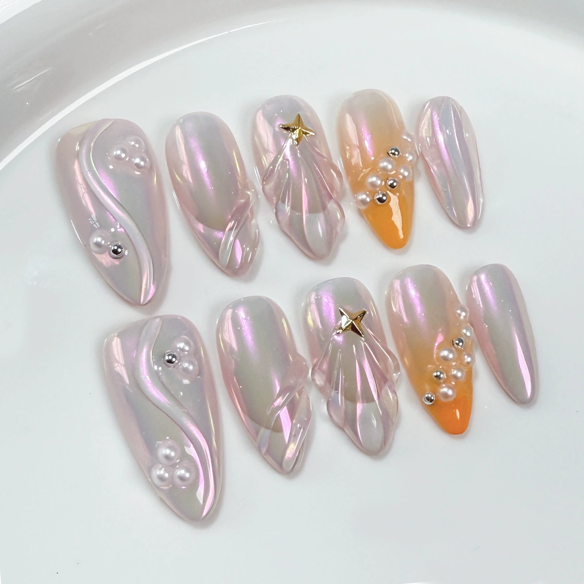 Iridescent Pink and Orange Press-On Nails | Aurora Fairy Nails with Pearls & Gold Stars | Dreamy Romantic Nail Design
