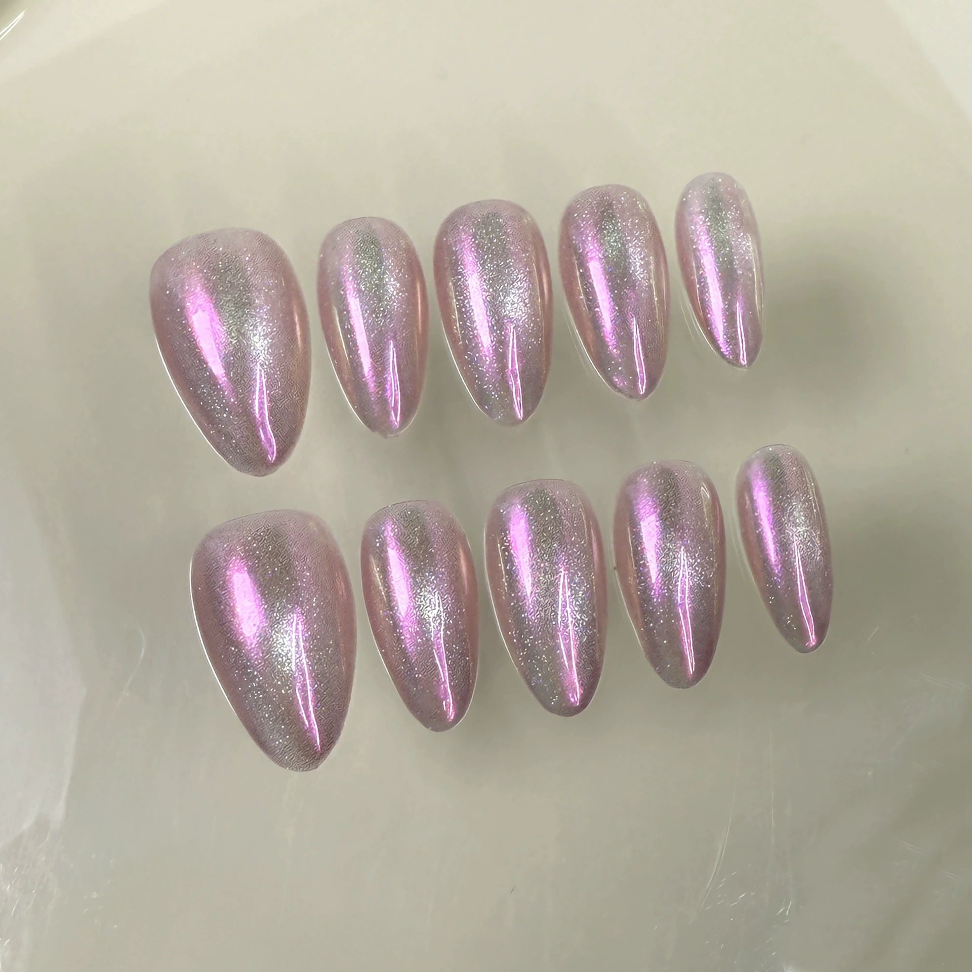 Pink Cat Eye Gradient Press-On Nails with Silver &  Shimmer | Dreamy Sweet Nail Art for Romantic & Fashionable Occasions