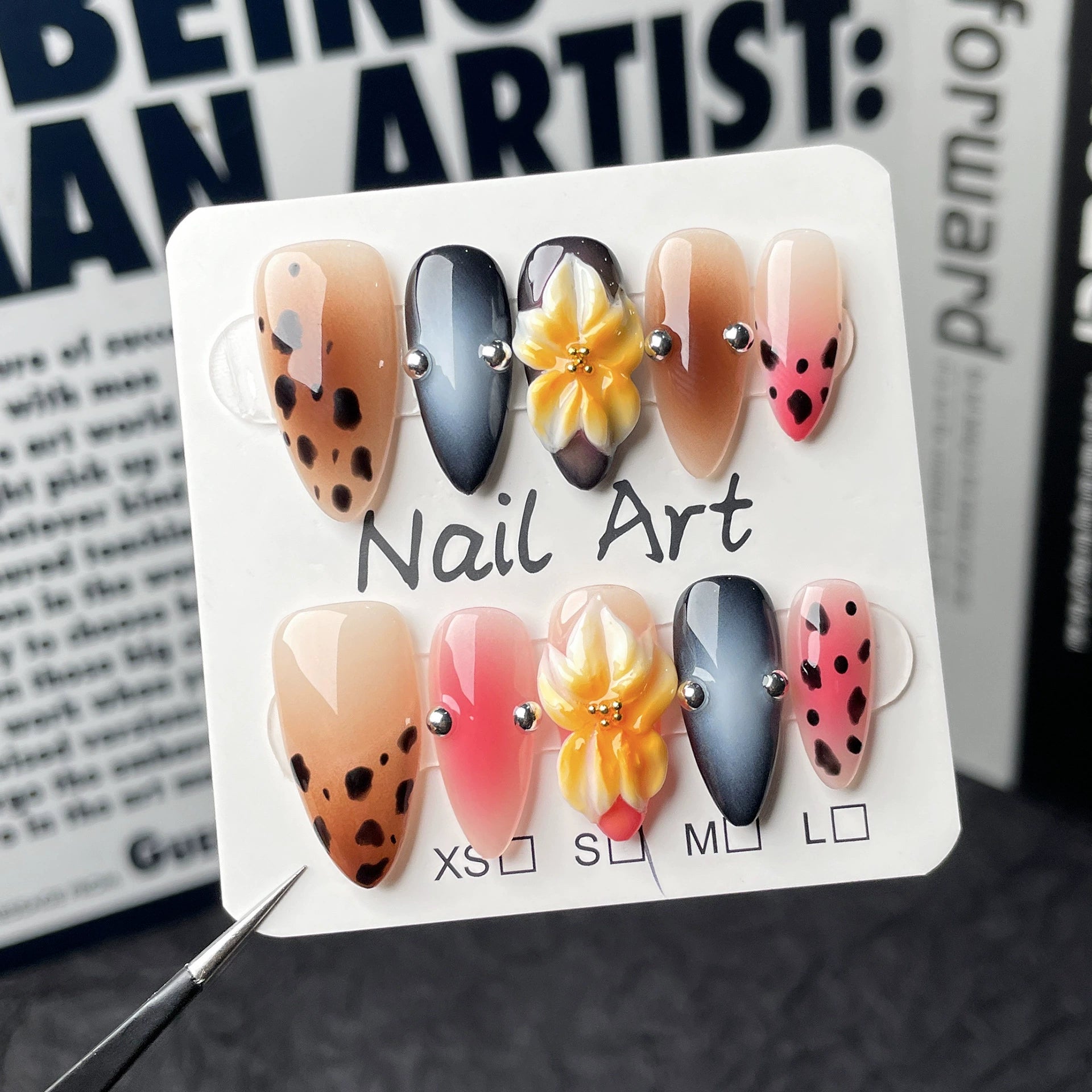 Wild Bloom Leopard - Gradient Press-On Nails | 3D Trendy Nail Art for Party & Night Out | Leopard Print Nails with Yellow Flower & Gold Bead Accents