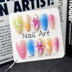 Pink Yellow Blue Green Gradient Press-On Nails | 3D Flower & Spiral Design | Spring Sweet Girl Nail Art for Picnic & Casual Outing